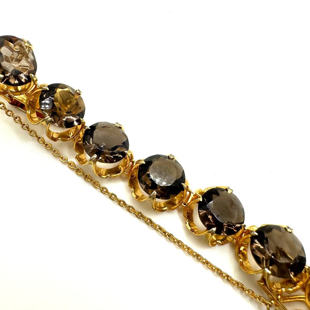 Vintage gold plated genuine brown smoky quartz gemstones tennis bracelet 7.25" - Picture 4 of 9